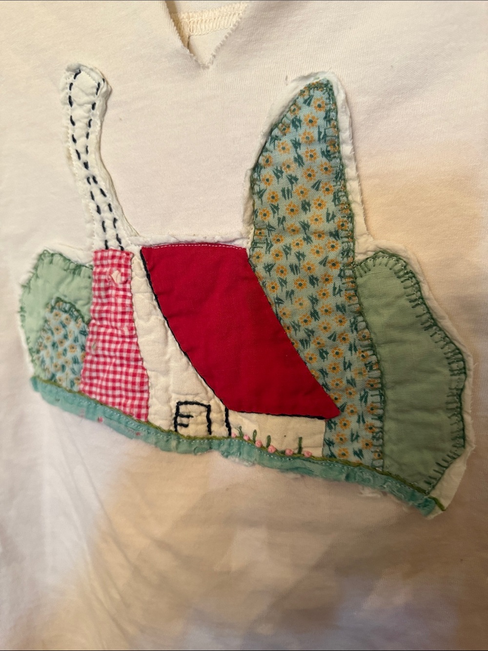 Embroidered Cottage Appliqué Tee - Red Roof, Mint & Floral Accents